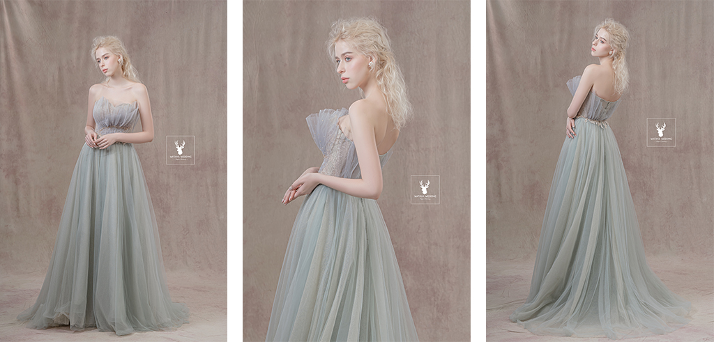 A-line婚紗款式：湖水系冰藍色A-line晚禮服